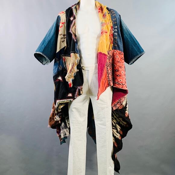 KAPITAL One Size Blue Multi Color Patchwork Cotton Open Front Coat - Picture 1 of 5